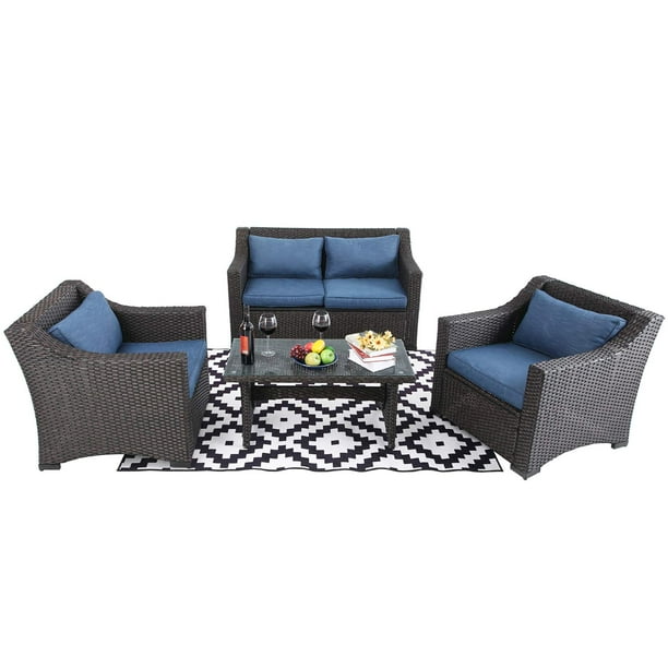 3-Piece, Turquoise Small Patio Wicker Furniture Set PHI VILLA Outdoor Rattan Sectional Sofa 3-Piece, Turquoise Small Patio Wicker Furniture Set PHI VILLA Outdoor Rattan Sectional Sofa